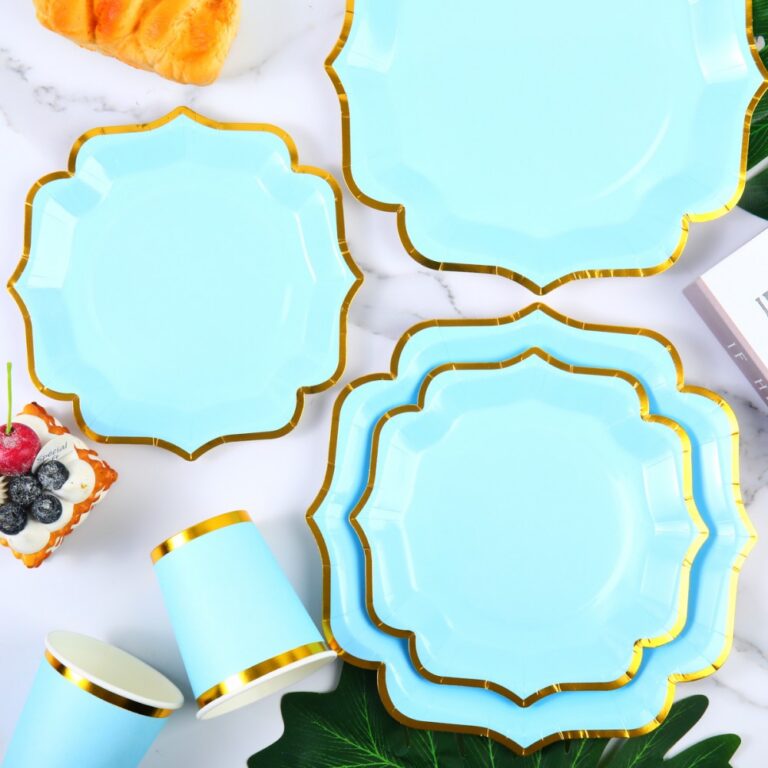 Solid Color Style Lake Blue Rimmed Gold Irregular Disposable Party Tableware Set
