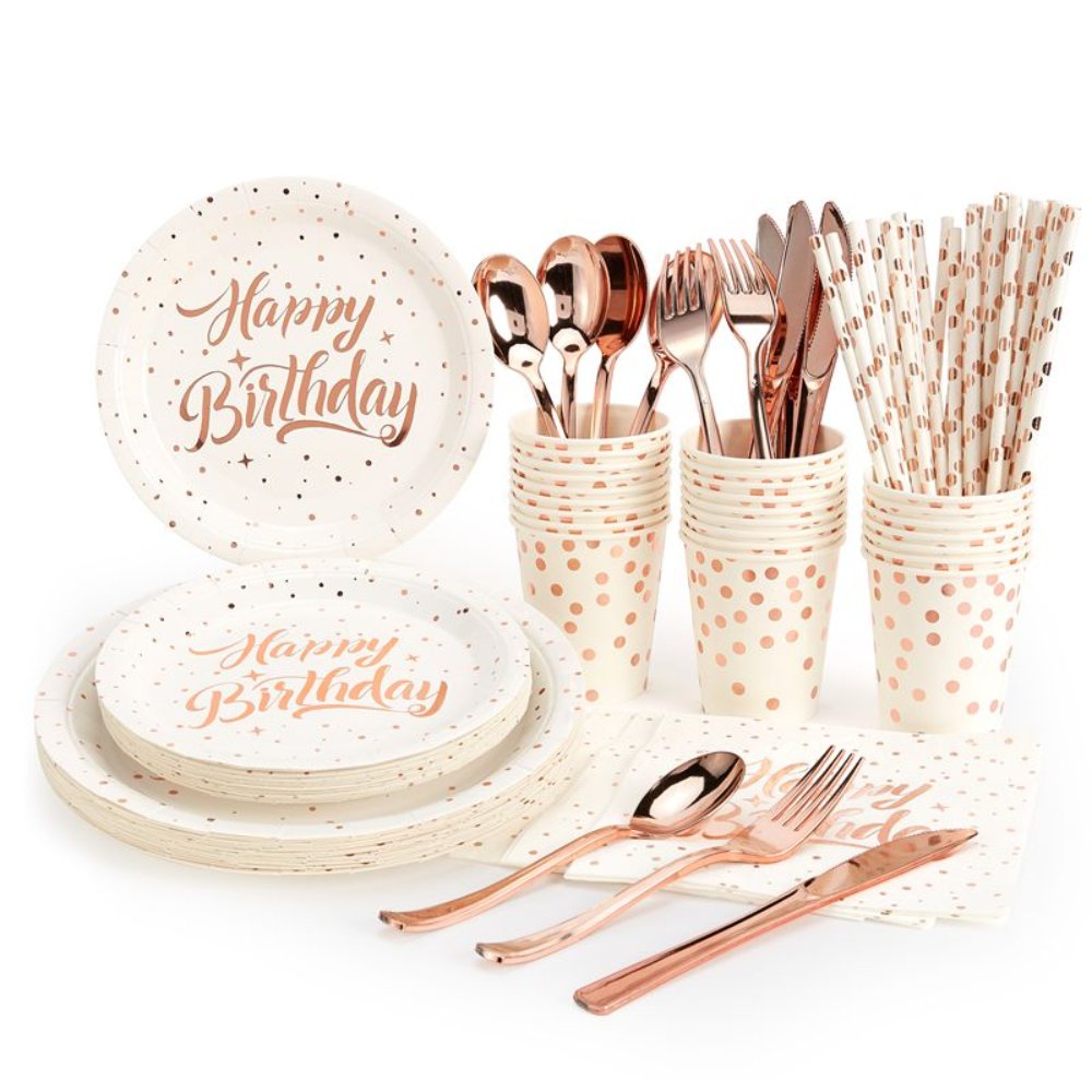 Gold Hot Stamping Style Rose Gold Happy Birthday Party Disposable Tableware Set