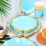 Solid Color Style Lake Blue Rimmed Gold Irregular Disposable Party Tableware Set