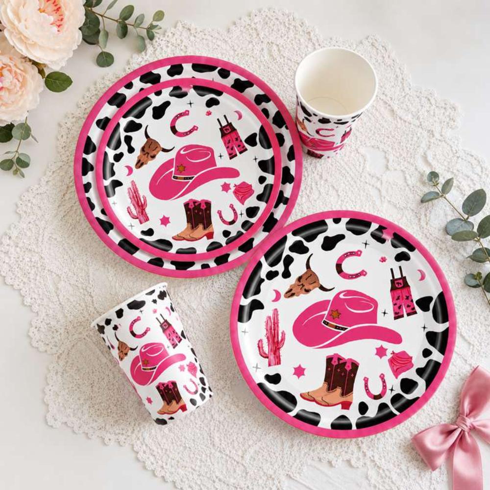 Printed Pattern Style Pink Western Cowboy Party Disposable Tableware Set