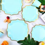 Solid Color Style Lake Blue Rimmed Gold Irregular Disposable Party Tableware Set